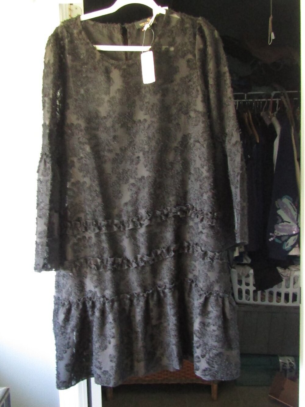 NWT SUZANNE BELTRO See-Through BLACK DRESS Size L Bell Sleeves Ruffle Accents